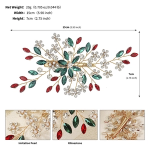 Detailed specs showing handmade rhinestone bridal hair clip with dimensions and materials