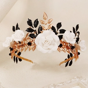 Elegant Halloween leaf headband with white roses, black enamel leaves and golden metal details