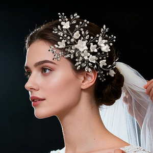 Handmade Bridal Hair Comb With White Ceramic Flower Artificial Pearl Rhinestone Silver Alloy Wire Wedding Hair Accessories For Women