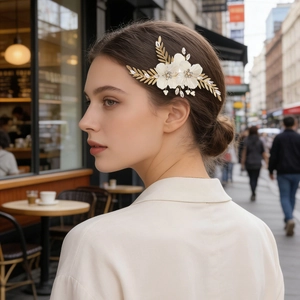 Barrette à Cheveux Élégante Fleur Blanche et Feuille Avec Imitation Künstliche Perle Strass Alliage Doré Accessoire Mariage pour Femme