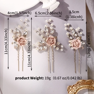 Détail de l'ensemble de 3 épingles à cheveux avec roses, perles et dimensions en cm