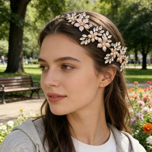 Detailansicht eines Braut-Haarkamms mit champagner-goldenen Metallblättern und Emaille-Blumen