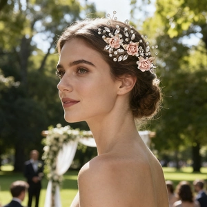 Détail d'épingle à cheveux mariée avec roses en argile, perles et cristaux dorés