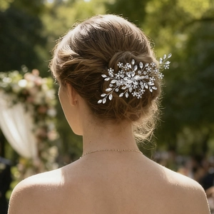 Exquisite bridal rhinestone hair clip with silver wire leaves and crystals for wedding hairstyles