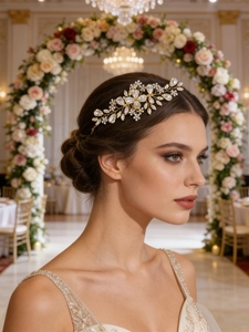 Peigne à cheveux de mariée en or avec feuilles de cristal et opales sur la coiffure