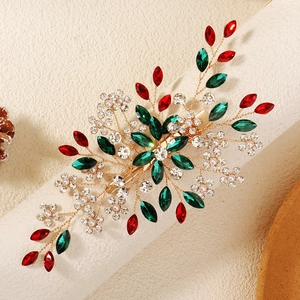 Exquisite bridal hair clip with red green crystals and pearls on gold handmade wire