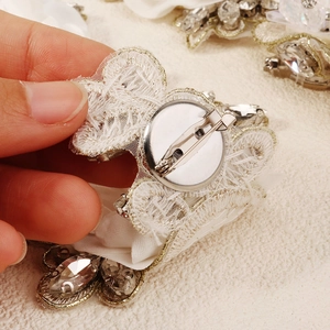 Lace flower applique with rhinestones and safety pin back for wedding dress decoration