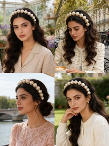 Detail of oversized white pearls on a gold frame headpiece shown in multiple lifestyle scenes
