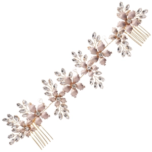 Braut-Haarranke in Champagnergold mit Metallblumen, Kristallen und Doppelkämmen