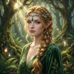 Detail of golden leaf crown with emerald drop gems and green velvet bridal gown