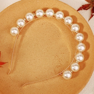 Elegant French large pearl headband with gold metal wire and sparkling crystal accents