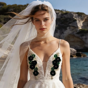 Detailed close-up of white 3D floral lace appliques and emerald crystals on a bridal gown