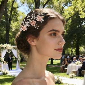 Floral hair pin set with pink clay roses and pearls for elegant wedding hairstyles