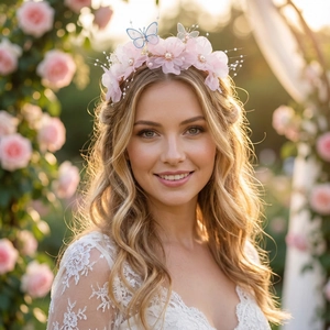 Detailansicht eines rosa Chiffon-Blumen-Haarbandes mit Schmetterlingen und Perlen