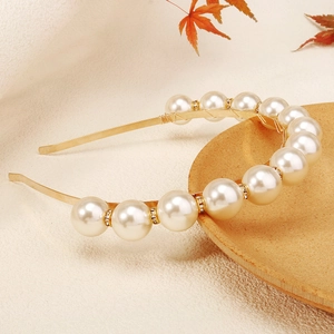 Elegant French style headband with large white pearls and gold metal base for women