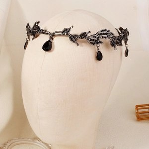 Gothic leaf crown with black rhinestones and hanging water drop gems on model
