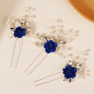 Set de 3 épingles à cheveux de mariée avec rose bleue, feuilles d'argent et perles