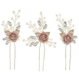 Three-piece bridal hair pin set with pink resin flowers, gold leaves and white pearls
