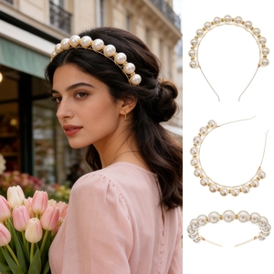 French Elegant Oversized Artificial Pearl Headband Gold Alloy Rhinestone Beaded Hair Hoop For Women Wedding Party Jewelry