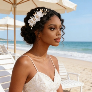 Detailed bridal hair comb with white fabric flowers and pearl accents worn by a model