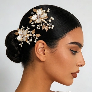 Détail de l'épingle à cheveux dorée avec pétales en acrylique et perles sur chignon