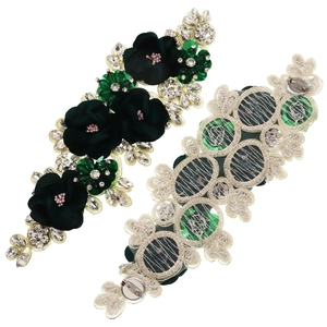 Exquisite dark green fabric flower appliques with rhinestones and gold embroidery details