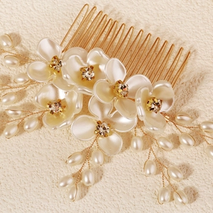Pettine per capelli da sposa con fiori in acrilico, perle e cristalli su metallo oro