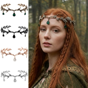 Baroque Leaf Bridal Tiara Forest Elf Crown Droplet Pendants Alloy Rhinestone Headband Elegant Wedding Hair Accessories Jewelry