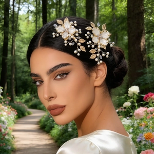 Détail de barrettes avec pétales blancs, feuilles dorées et perles sur chignon de mariée