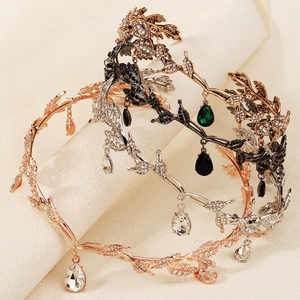 Baroque bridal crown set with leaf design and teardrop rhinestones in various colors