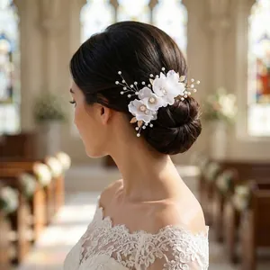 Handmade Forest Retro Cloth Flower Bridal Hair Comb With Imitation Artificial Pearl Gold Leaf Wedding Headpiece For Women Jewelry