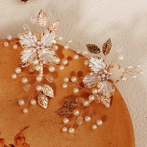 Barrettes à fleurs en acrylique vintage avec feuilles dorées et perles pour mariée