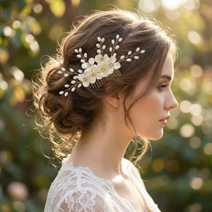 Squisito Pettine per Capelli da Sposa con Fiori in Acrilico Fatto a Mano per Donna Lega Oro Perla Artificial Strass Accessori per Capelli Matrimonio