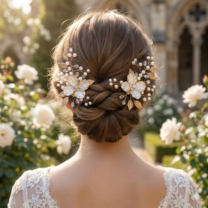 Barrette à Cheveux Fleur Pétale Blanc Feuille d'Or Vintage Fait à la Main Strass Künstliche Perle Pince Bec de Canard pour Mariage Femme
