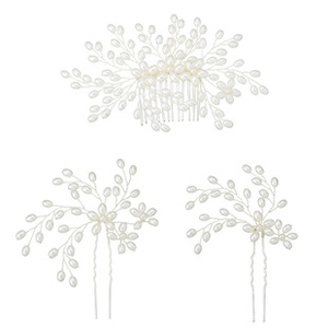 Detail view of pearl floral bridal hair comb and pins set with hand-woven metal wire