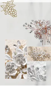 Dettaglio del pettine da sposa artigianale con foglie in metallo, perle e strass lucidi