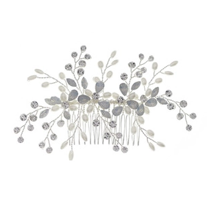 Detailed view of handmade bridal hair comb with silver alloy vines and pearls