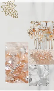 Détail du peigne à cheveux mariée avec fleurs dorées champagne, perles et strass