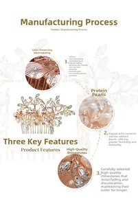 Détail du peigne à cheveux de mariée or rose avec perles, cristaux et papillons