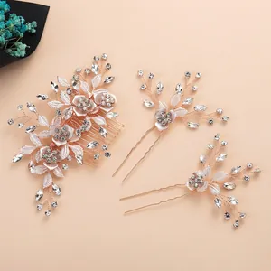 Set pettine e forcine da sposa in oro rosa con cristalli e design floreale