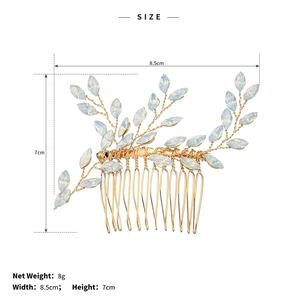 Size details of the blue rhinestone hair comb showing 8.5cm width and 8g weight specs