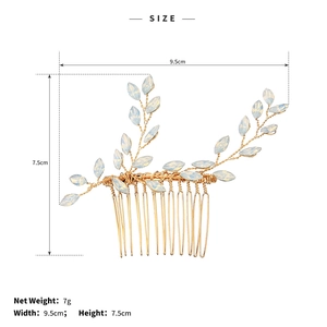 Detailed size specifications for handmade gold bridal hair comb with blue rhinestones