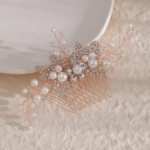Peigne à Cheveux de Mariée Fait Main Alliage Strass Künstliche Perle Fleur Feuille Accessoire Cheveux Mariage Femme Bijoux