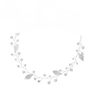 Detailed bridal hair band with silver leaves, white pearls and sparkling crystals