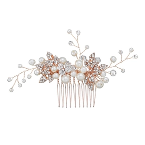 Elegante roségouden bruidshaarkam met parels en strassteentjes voor huwelijksstyling