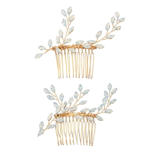 Set of two gold bridal hair combs with marquise cut crystal leaves and opal stones