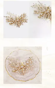 Detailed macro view of handmade gold bridal hair clip with crystal leaves and marquise stones