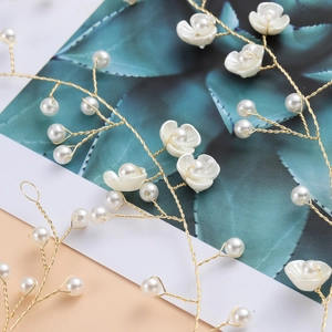 Long bridal hairband with handmade white flowers and pearls on gold metallic wire