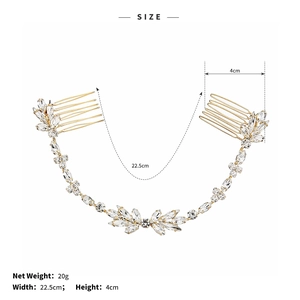 Vue détaillée des dimensions du peigne à cheveux en cristal doré mesurant 22,5cm par 4cm
