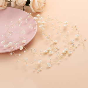 Handmade bridal hair vine with golden wire, white resin flowers and faux pearls